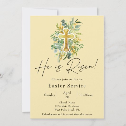 Hij is opgewekt Elegant Greenery Church Pasen Serv Kaart (Voorkant)