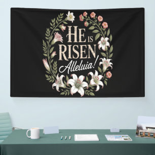 Hij Is Opgewekt Halleluja Bloemrijke Christelijke Spandoek