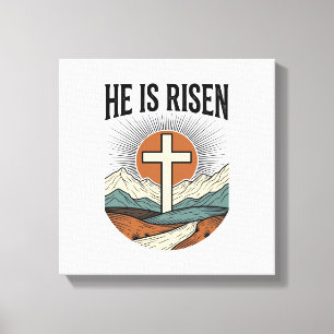 Hij Is Opgewekt Kruis Zonsopgang Christelijk Pasen Canvas Afdruk