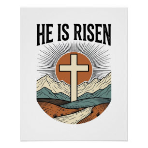 Hij Is Opgewekt Kruis Zonsopgang Christelijk Pasen Perfect Poster