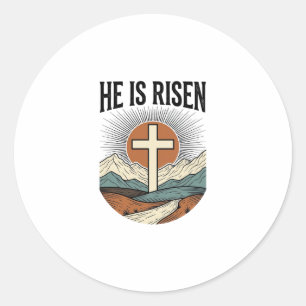 Hij Is Opgewekt Kruis Zonsopgang Christelijk Pasen Ronde Sticker