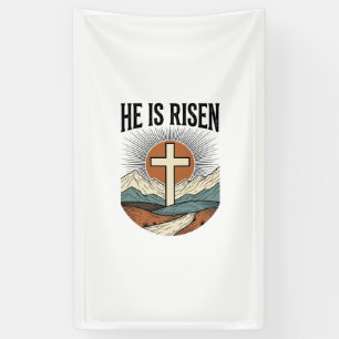 Hij Is Opgewekt Kruis Zonsopgang Christelijk Pasen Spandoek