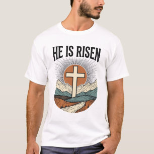 Hij Is Opgewekt Kruis Zonsopgang Christelijk Pasen T-shirt
