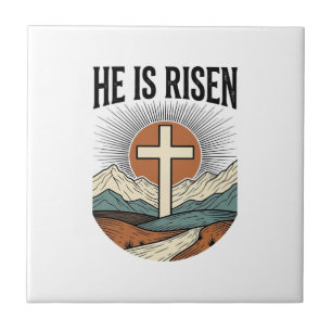 Hij Is Opgewekt Kruis Zonsopgang Christelijk Pasen Tegeltje