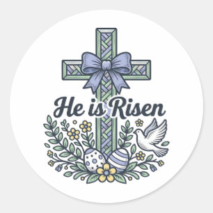 Hij Is Opgewekt Pasen Kruis Vintage Vector Ronde Sticker