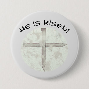 Hij is rasternestkruis ronde button 7,6 cm