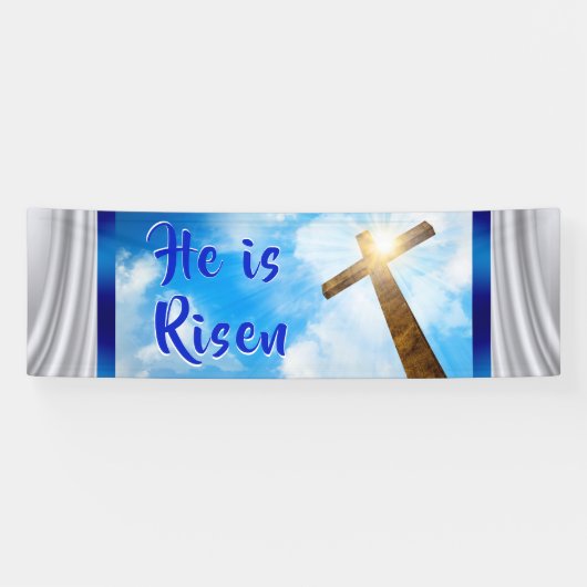 Hij is Risen Banner, paasbanners voor de kerk Spandoek (Horizontaal)