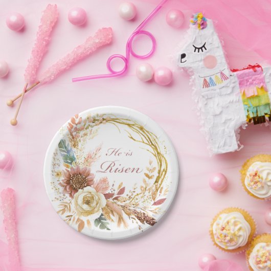 Hij is Risen boho bloemenkrans Pasen Papieren Bordje (Feest)