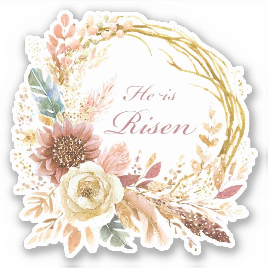 Hij is Risen boho bloemenkrans Pasen Sticker (Voorkant)