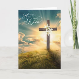 Hij is Risen Christelijk Cross en Lilies Easter Feestdagen Kaart