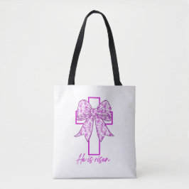 Hij is Risen, Croquette Bow Pink Floral Tote Bag