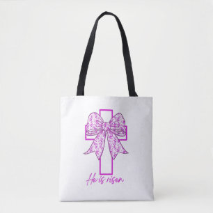 Hij is Risen, Croquette Bow Pink Floral Tote Bag