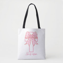 Hij is Risen, Croquette Bow Pink Floral Tote Bag