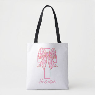 Hij is Risen, Croquette Bow Pink Floral Tote Bag
