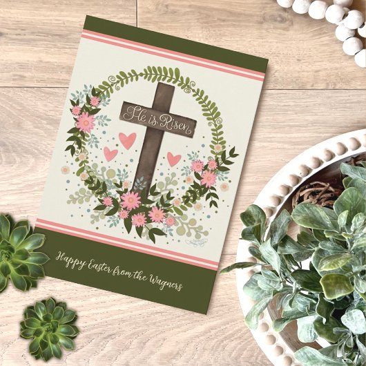 Hij is Risen Cross Floral Happy Easter Custom Kaar Kaart