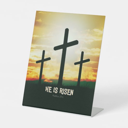 HIJ IS RISEN - EENVOUDIGERE ILLUSTRATIE RECLAMEBORD MET VOETSTUK (Voorkant)
