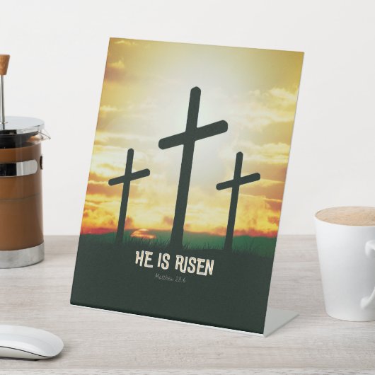 HIJ IS RISEN - EENVOUDIGERE ILLUSTRATIE RECLAMEBORD MET VOETSTUK (Insitu)
