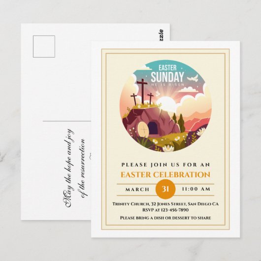 Hij is Risen en Viering van de Verrijzenis zondag Briefkaart (Voorkant / Achterkant)