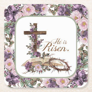 Hij is Risen Floral Cross met Bijbel Kartonnen Onderzetters