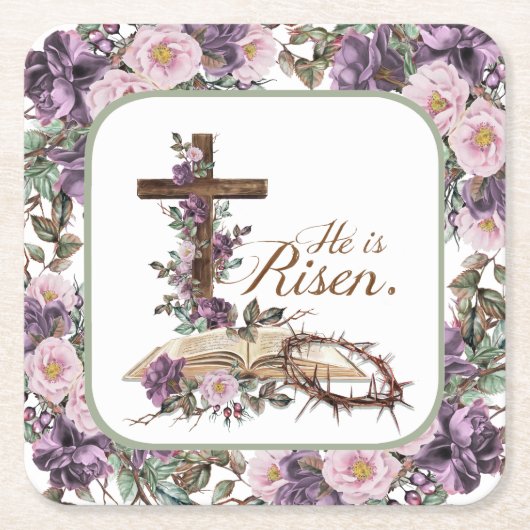 Hij is Risen Floral Cross met Bijbel Kartonnen Onderzetters (Voorkant)