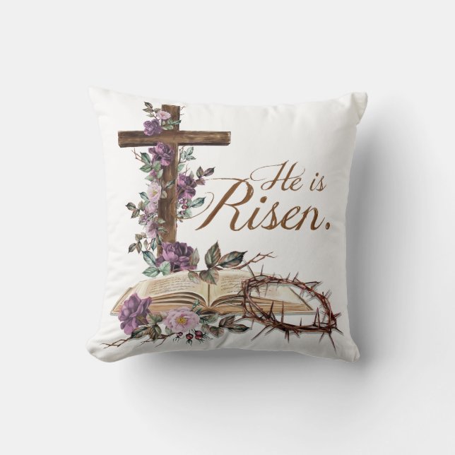 Hij is Risen Floral Cross met Bijbel Kussen (Voorkant)