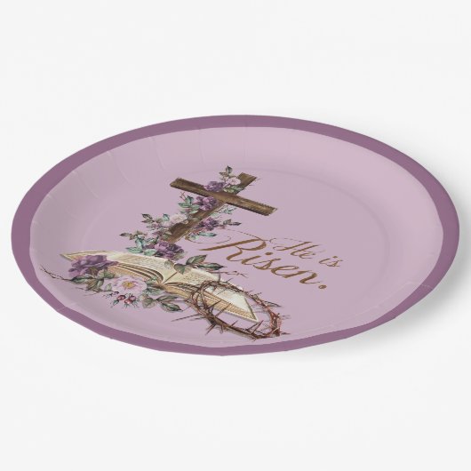 Hij is Risen Floral Cross met Bijbel Papieren Bordje (Gekanteld)