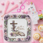 Hij is Risen Floral Cross met Bijbel Papieren Bordje (Feest)