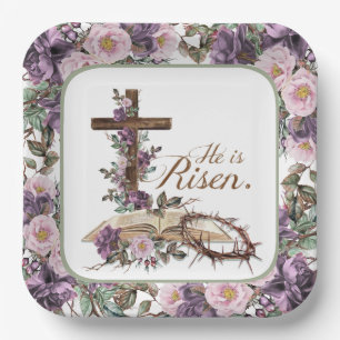 Hij is Risen Floral Cross met Bijbel Papieren Bordje
