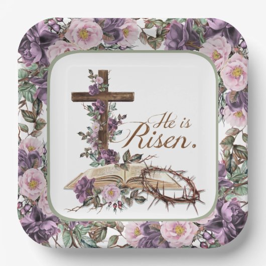 Hij is Risen Floral Cross met Bijbel Papieren Bordje (Voorkant)