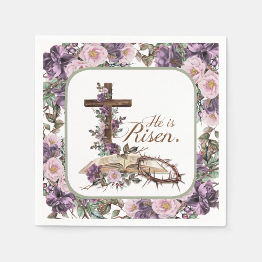 Hij is Risen Floral Cross met Bijbel Servet (Voorkant)