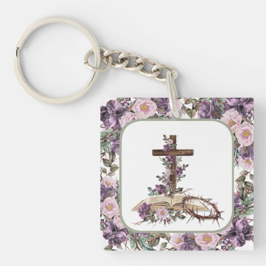 Hij is Risen Floral Cross met Bijbel Sleutelhanger (Voorkant)