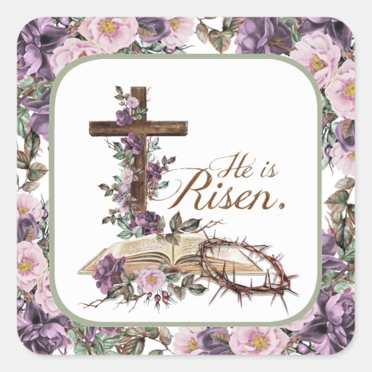 Hij is Risen Floral Cross met Bijbel Vierkante Sticker (Voorkant)