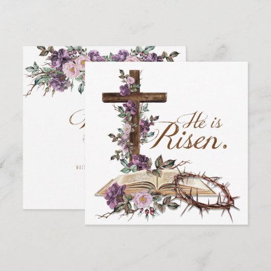 Hij is Risen Floral Cross met bijbelpaasKaart Feestdagenkaart (Voorkant / Achterkant)