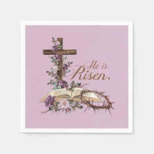 Hij is Risen Floral Cross met Bijbelse Napkins Servet