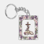 Hij is Risen Floral Cross met Bijbelse Sleutelhang Sleutelhanger (Voorkant Links)