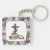 Hij is Risen Floral Cross met Bijbelse Sleutelhang Sleutelhanger (Achterkant)