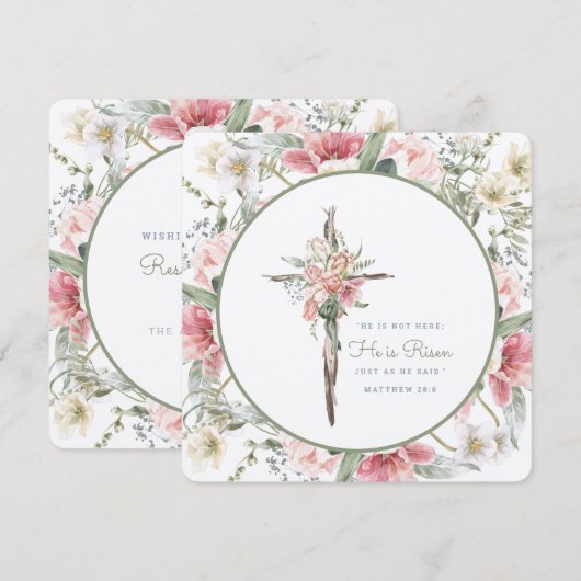Hij is Risen Floral Cross Pasen Kaart (Voorkant / Achterkant)