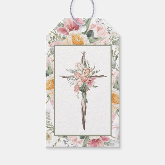 Hij is Risen Floral Cross Pasen | Verrijzingsauto Cadeaulabel (Voorkant)
