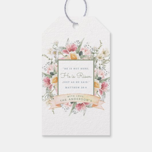 Hij is Risen Floral Cross Pasen | Verrijzingsauto Cadeaulabel (Achterkant)