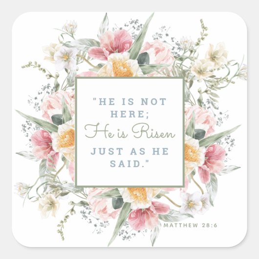Hij is Risen Floral Easter | Herurrectie Vierkante Sticker (Voorkant)