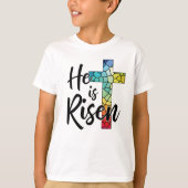 Hij is Risen, Glas in lood Cross - GraphicLoveShop T-shirt (Voorkant)