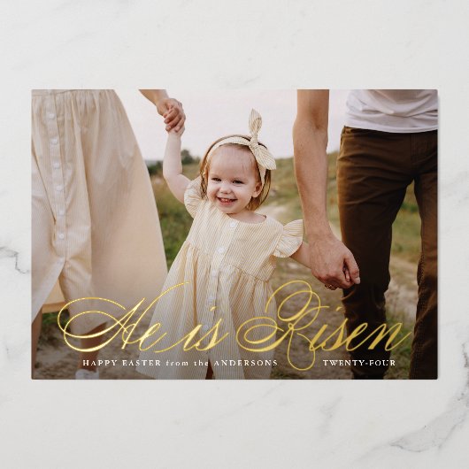Hij is Risen Gold Foil Script Photo Easter Kaart (Voorkant)