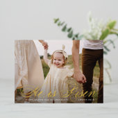 Hij is Risen Gold Foil Script Photo Easter Kaart (Staand Voorkant)