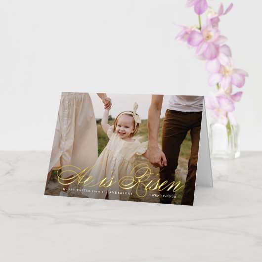 Hij is Risen Gold Foil Script Photo Easter Kaart (Orchidee)