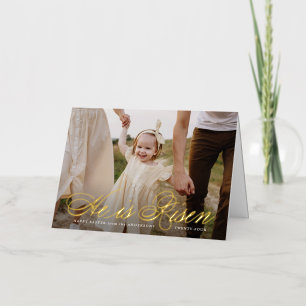 Hij is Risen Gold Foil Script Photo Easter Kaart