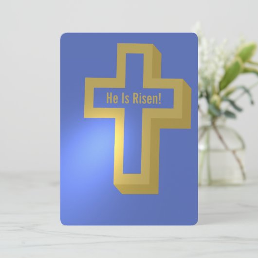 Hij is Risen Gold Lit Christelijk Cross Blue Easte Feestdagenkaart (Staand voorkant)