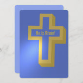 Hij is Risen Gold Lit Christelijk Cross Blue Easte Feestdagenkaart (Voorkant / Achterkant)