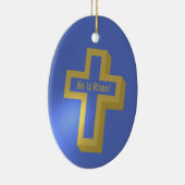 Hij is Risen Gold Lit Christelijk Cross Blue Easte Keramisch Ornament (Rechts)