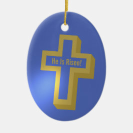 Hij is Risen Gold Lit Christelijk Cross Blue Easte Keramisch Ornament
