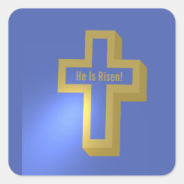 Hij is Risen Gold Lit Christelijk Cross Blue Easte Vierkante Sticker